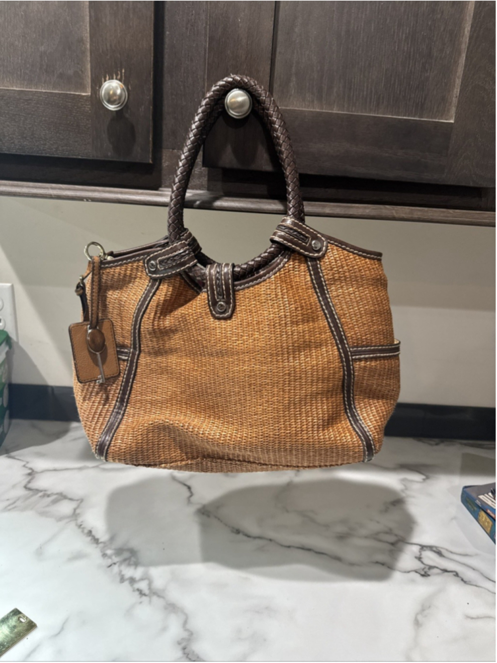 Fossil Vintage Beige Brown Straw Woven Purse Handbag with Braded Handle